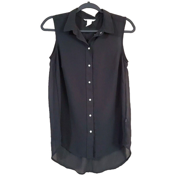 H&M Womens Tunic Blouse Size 6 Black Sheer Chiffon Sleeveless Button Down Top - Picture 1 of 9
